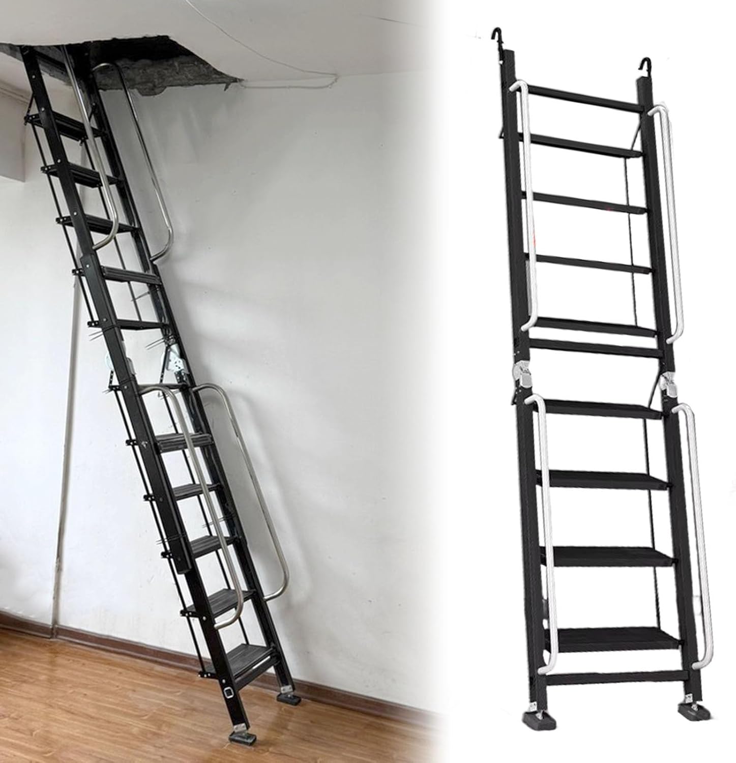 Folding Loft Ladder - 10-Step Attic Egress Ladder with Antiskid Pedals & Hook Brackets, Safe Roof Access, Compact Space-Saving Design (306cm / 10ft)