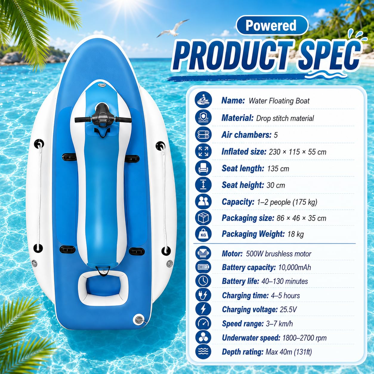 Bateau Gonflable 3-en-1 avec Scooter Aquatique 500W Optionnel Powered | Exploration sous-marine, conversion kayak, construction Drop-Stitch renforcée, usage eau salée, rangement compact coffre