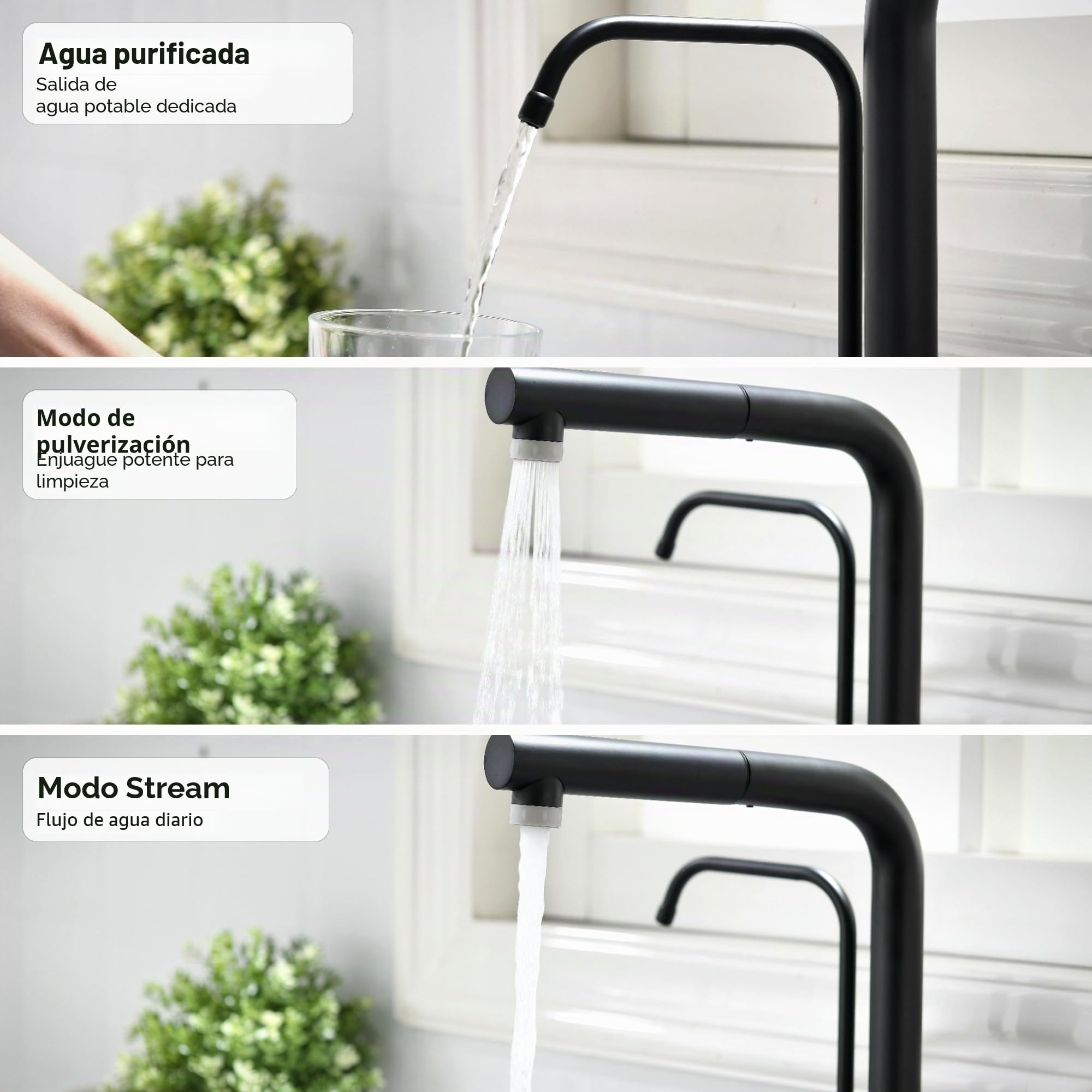 Grifo de Cocina Ósmosis 3 Vías con Ducha Extraíble, Giratorio 360°, Grifo Fregadero 3 en 1 para Agua Fría/Caliente y Agua Filtrada, Grifo para Ósmosis (negro)