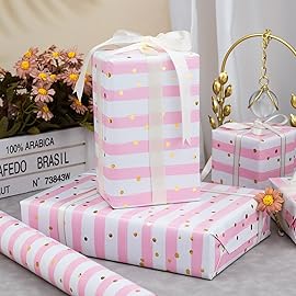 MAYPLUSS Pink Stripe Wrapping Paper Roll - 17 Inch X 33 Feet - Romantic Girly Pink Wide Striped Gift Wrap with Foil Dot Baby Girl Wrap Present Paper for Baby Shower, Bithday, Holiday, Wedding