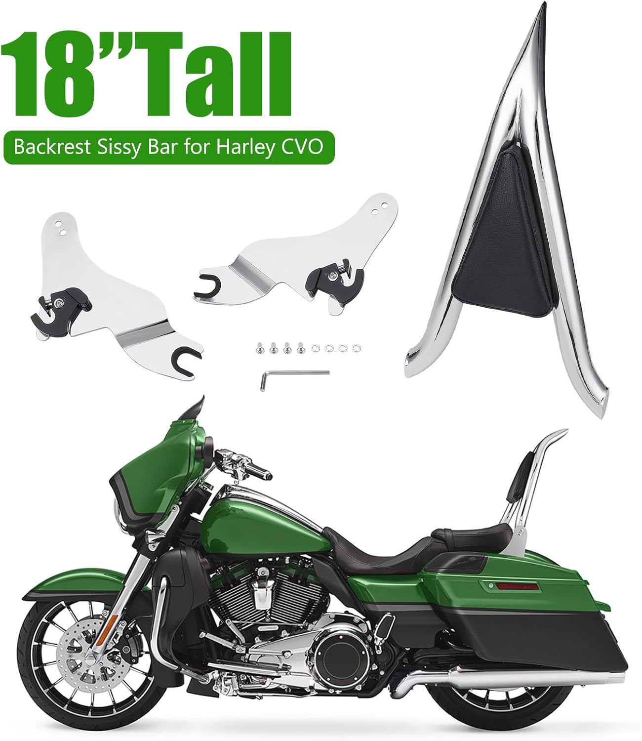 Sissy Bar, Detachable Passenger Backrest Pad Fit, 18 Inches Tall for Harley CVO Road Glide Street Touring Road King 2009-2023