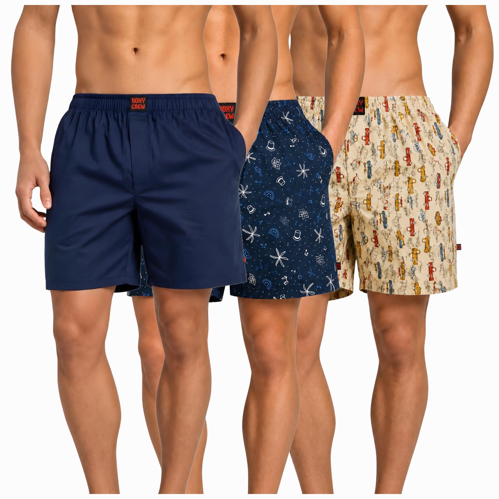 Men's 100% Cotton Boxer Shorts Pack of 3, Navy Blue, Navy Blue & Beige | Woven Boxers with Side Pockets, No-Marks Elastic Waistband, Breathable Relaxed Fit | Style 002-007-013-picture-39