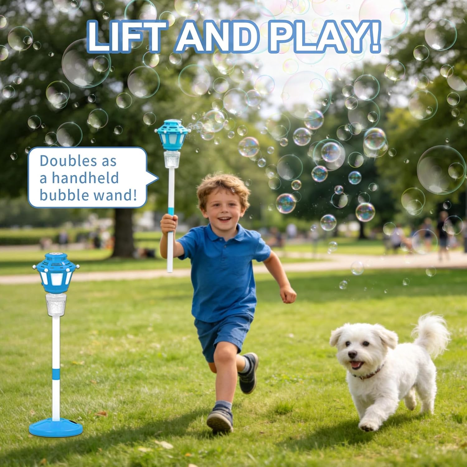 Bubble Machine Maker for Kids, Automatic Bubble Blower with Light & Rechargeable Battery, 40 Inch Adjustable Height Outdoor Toy for Toddlers Party Birthday (Includes 3 Solution), Blue