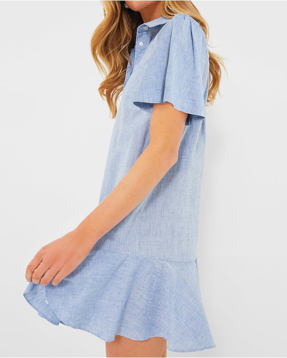 Women's Button Down Shirt Dress Summer Casual Short Sleeve Cotton Linen Ruffle Shift Mini Dresses - Image 5