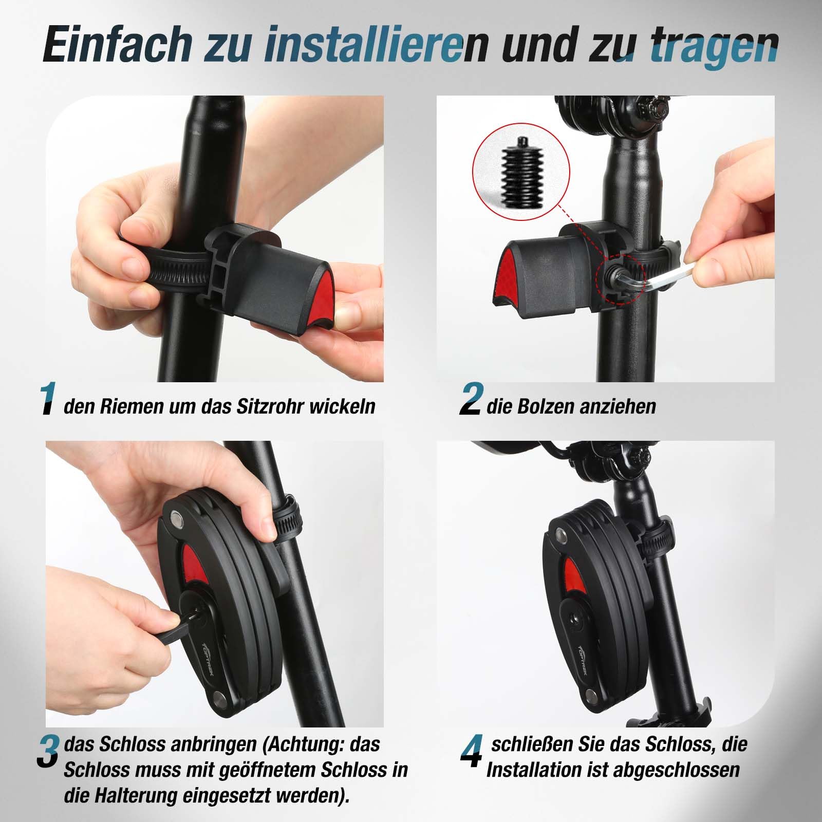 toptrek Antivol pliable vélo et moto - 100 cm de long - Avec support - Robuste - Peut supporter jusqu'à 1,5 tonnes de force de traction - Pour vélo électrique, trottinette, VTT et vélo de route
