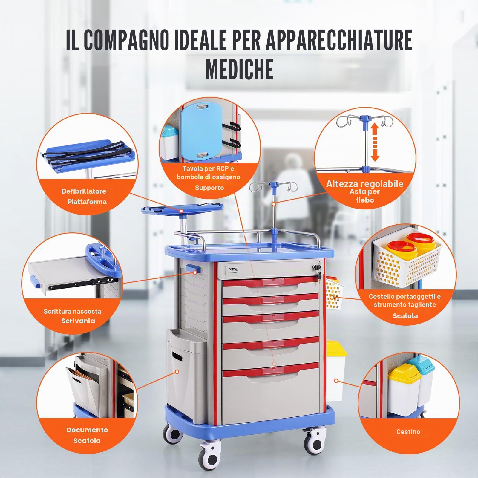 VEVOR Carrello da Laboratorio 5 Ripiani con Cassetti e Ruote Silenziose, PP, Blu