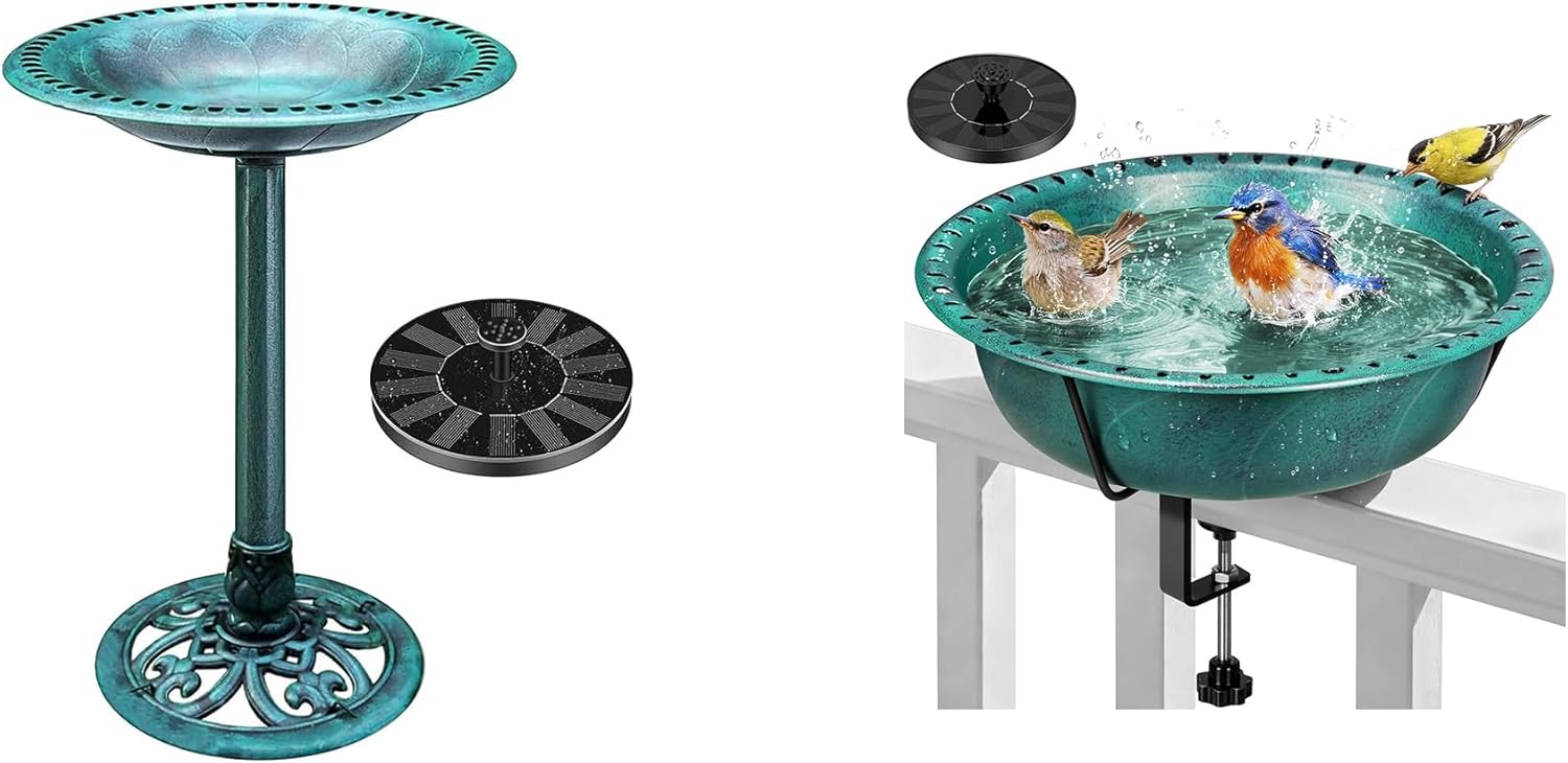 VIVOHOME Polyresin Antique Outdoor Green Garden Bird Bath and Solar Fountain with VIVOHOME Deck Mounted Bird Bath with Solar Fountain, Adjustable Metal Clamp, Solar Powered Pump