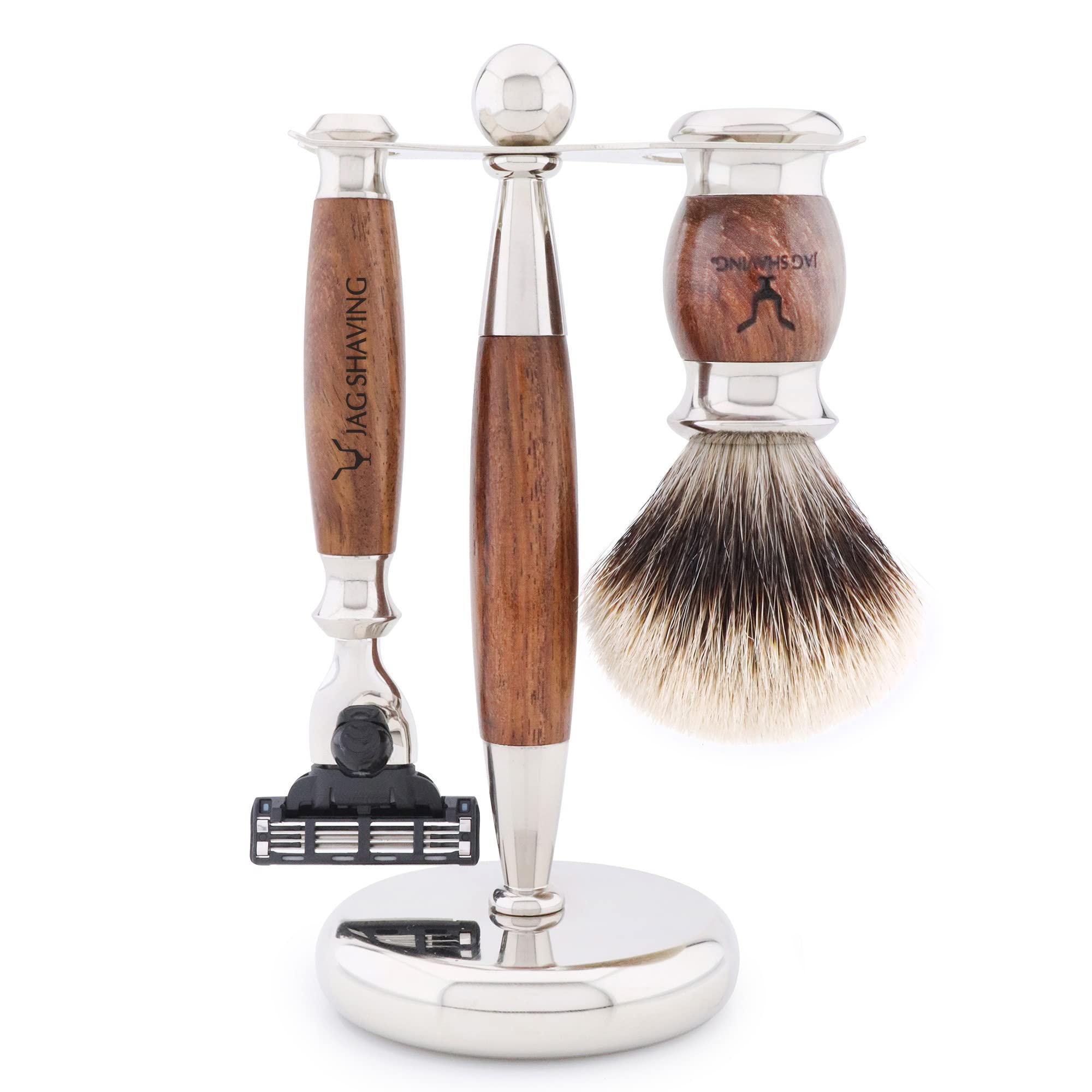 Jag Shaving Rasierset - JAG's LEE Range 5-teiliges Rasierset - Silberspitz Dachshaar Rasierpinsel - 3 Rasierklingen Rasierhobel - Rasierständer aus Edelstahl und Holz - Rasierschale - Holz Set
