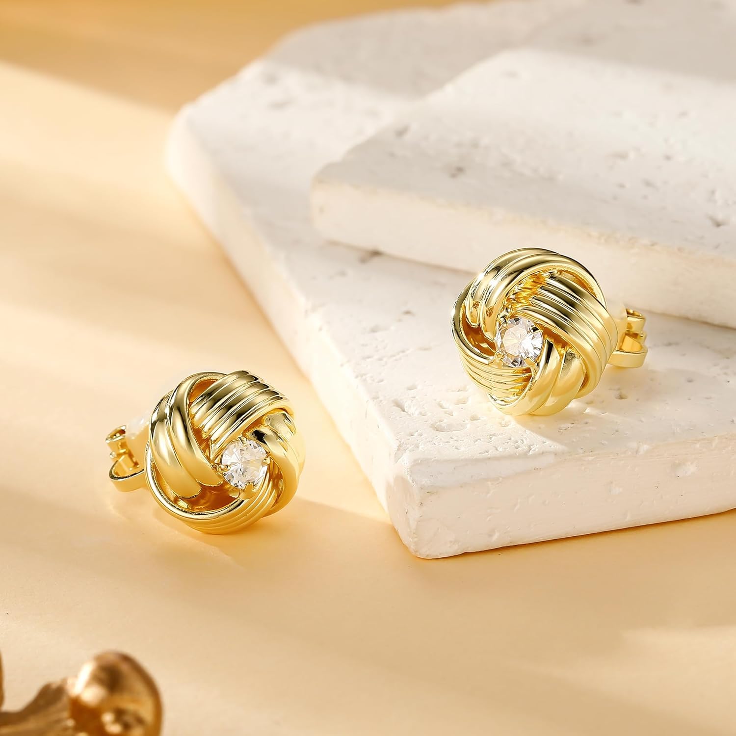 Clip On Earrings 14K Gold Plated Chunky Earrings Dangle Drop Knot Statement Earring for Women Lightweight CZ Trendy Jewelry - Image 5