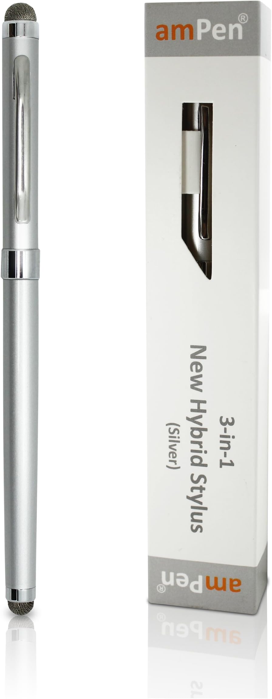 Stylus, amPen Hybrid 3-in-1 Stylus for iPad Pro, iPad/2/3/4, iPad Air, iPad Mini 2/4, iPhone X,8,8Plus, Galaxy S8, S8 Plus, Galaxy Note 8, and Any Touchscreen Smartphone or Tablet - Silver
