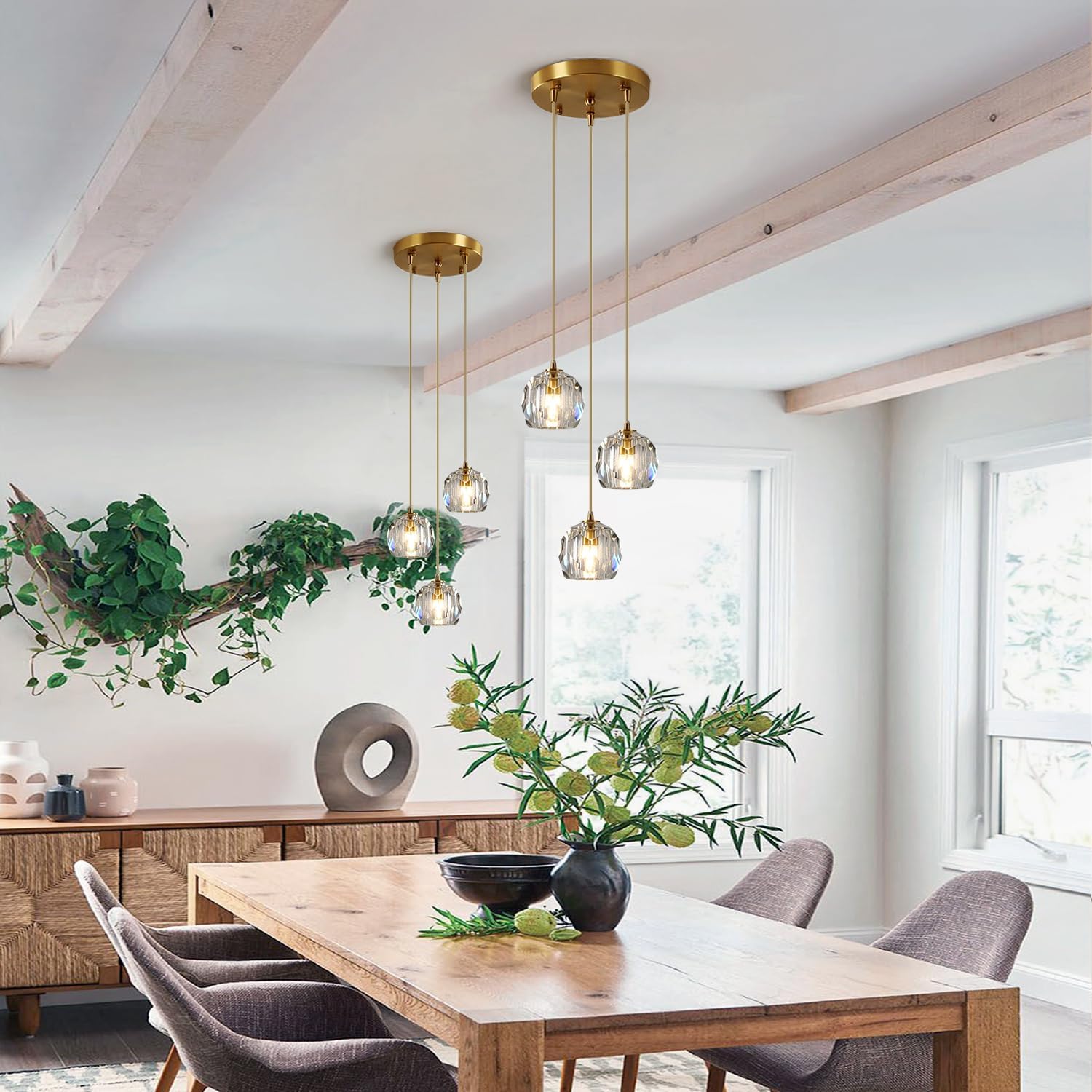 3-Light Cluster Pendant Lighting Crystal Chandelier Gold Hanging Pendant Light Fixture Mid Century Modern Multi Light Pendant Lighting for Dining Room Kitchen Island Bedroom