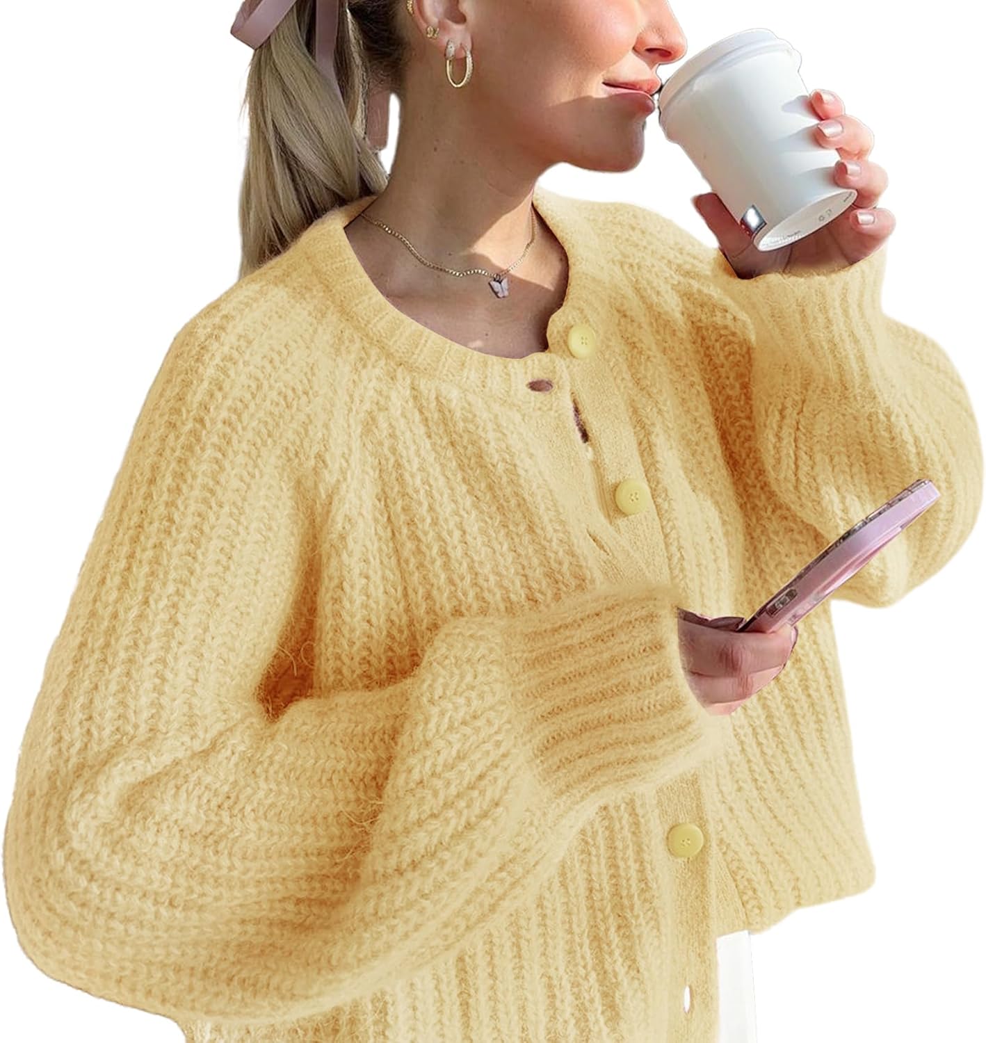 VDWIP Women's Cardigan Sweaters Button Down Open Front Chunky Cardigan Long Sleeve Cropped Y2k Knit Outerwear