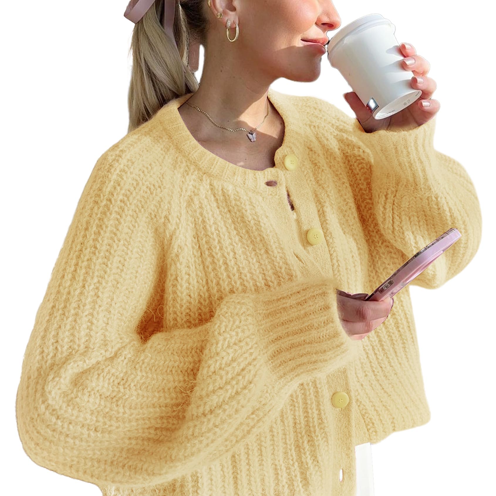 VDWIP Women's Cardigan Sweaters Button Down Open Front Chunky Cardigan Long Sleeve Cropped Y2k Knit Outerwear-image-18