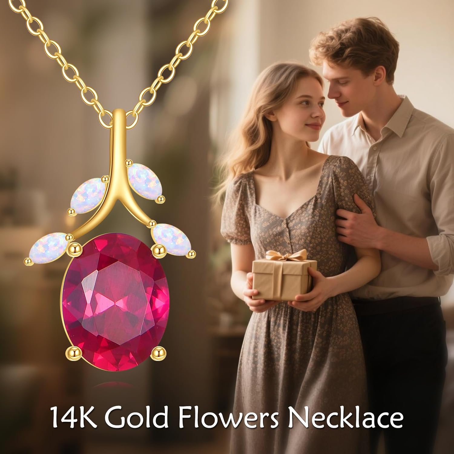 14K Solid Gold Ruby Necklaces for Women, Flower Shaped 2 Carat Oval Created Ruby Pendant Birthstone Gemstone Anniversary Birthday Mother's Day Jewelry Gifts for Her Wife Mom 16''-18'' - Image 6