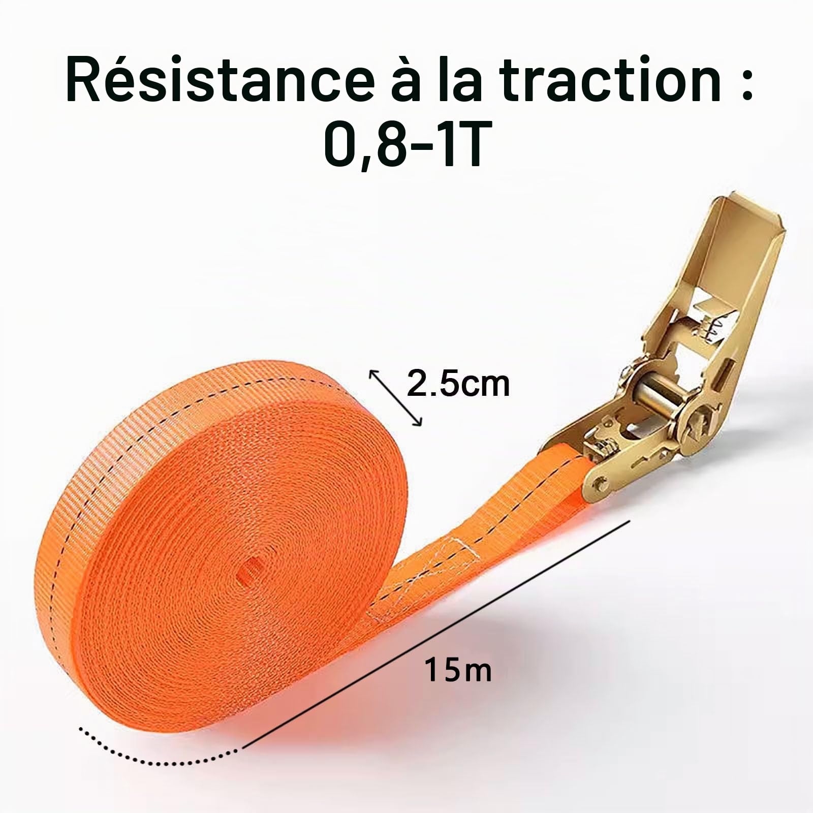 Lot de 2 sangles d'arrimage de 15 m de long avec serrure à cliquet, 800 kg, largeur 25 mm, avec cliquet, sangles de fixation réglables pour charge fixe