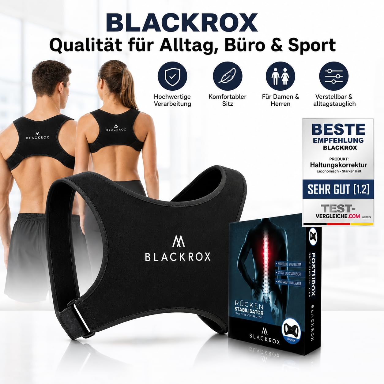 BLACKROX Haltungskorrektur [Vergleichsieger 2026] | Damen & Herren | Rückenstabilisator | Rückenstütze | Effektiv gegen Rückenschmerzen & Buckehaltung | Rücken Geradehalter