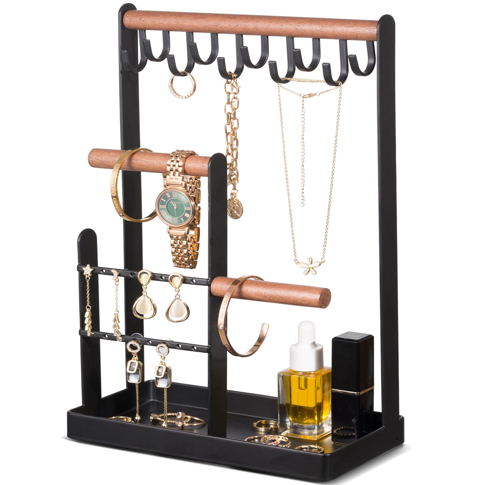 ProCase Jewellery Organiser Jewellery Stand Holder, 4 Tiers Jewelry Stands Necklace Organizer Earring Holder, 10 Hooks Jewelry Tower Display for Bracelets Watches Rings Gifts for Women -Black