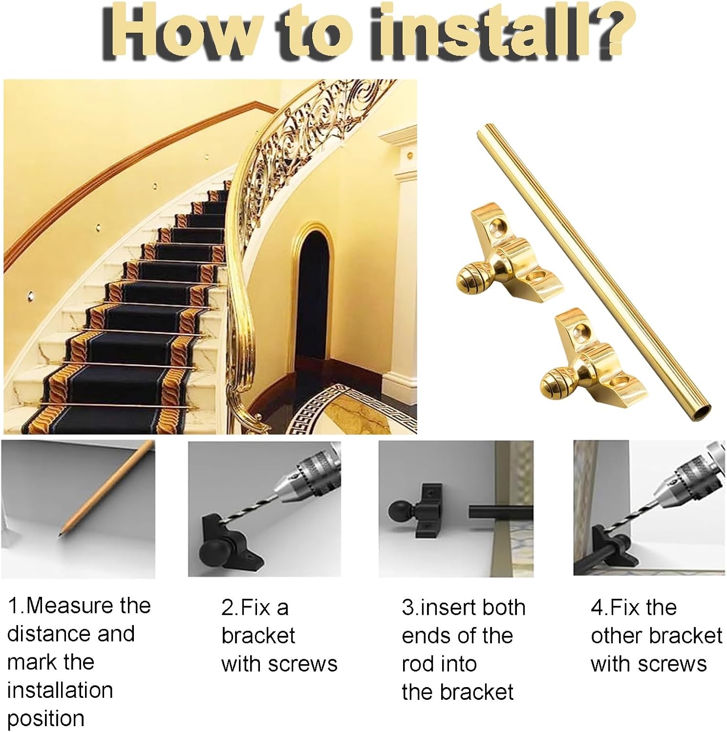 Adjustable Brass Stair Rods Set - Durable Pressure Rods for Carpets, Elegant Runner Rods for Fixed Stair Carpets, Stylish Home Staircase Accessories