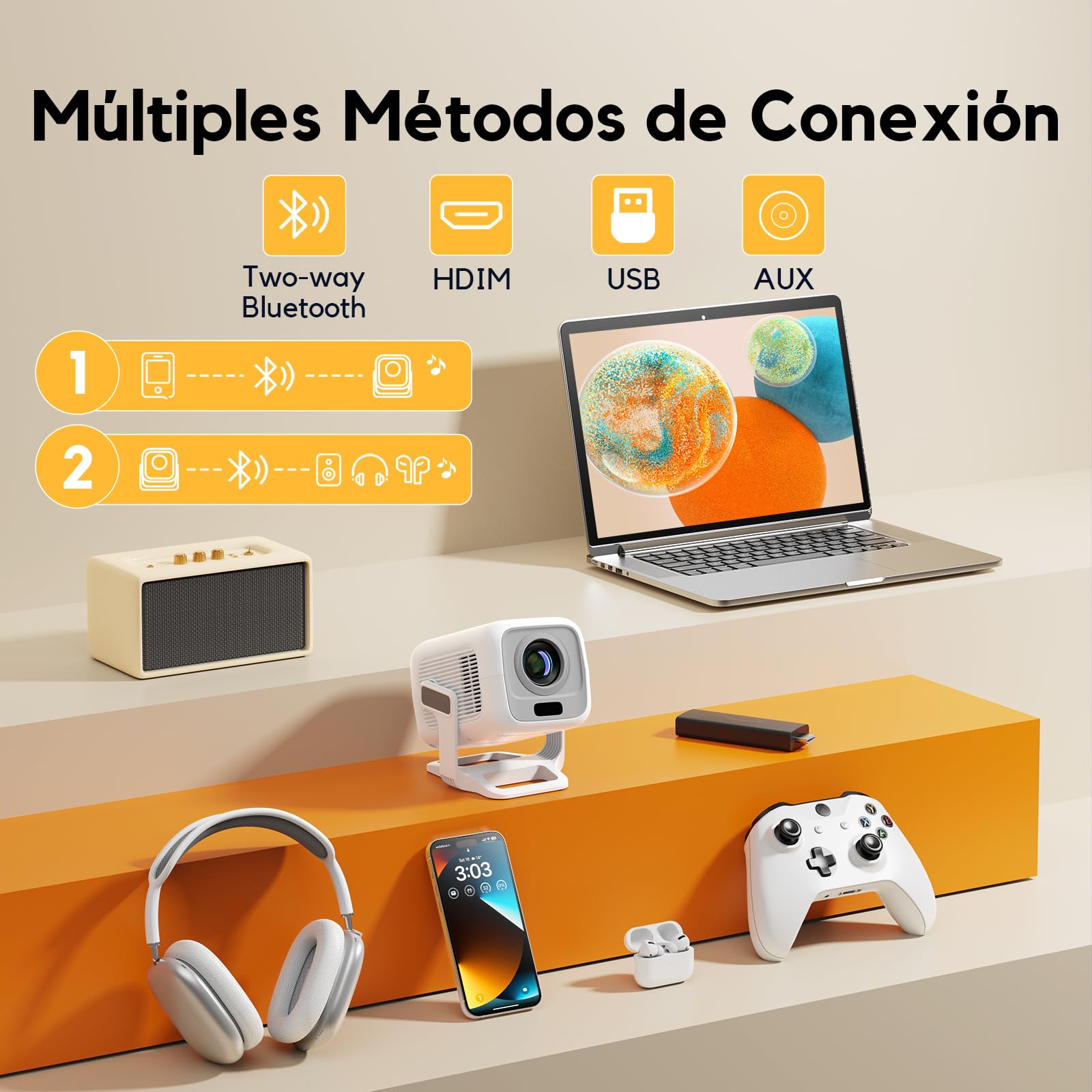 Proyector 4K [Apps Integrada & Auto Focus/Keystone] 2026 Upgraded AKIYO O4 Proyector Portátil 20000 Lumen con Android TV y Dual Control, con WiFi6 Bluetooth5.4 Zoom 50%, Cine en Casa para HDMI/USB/PS5
