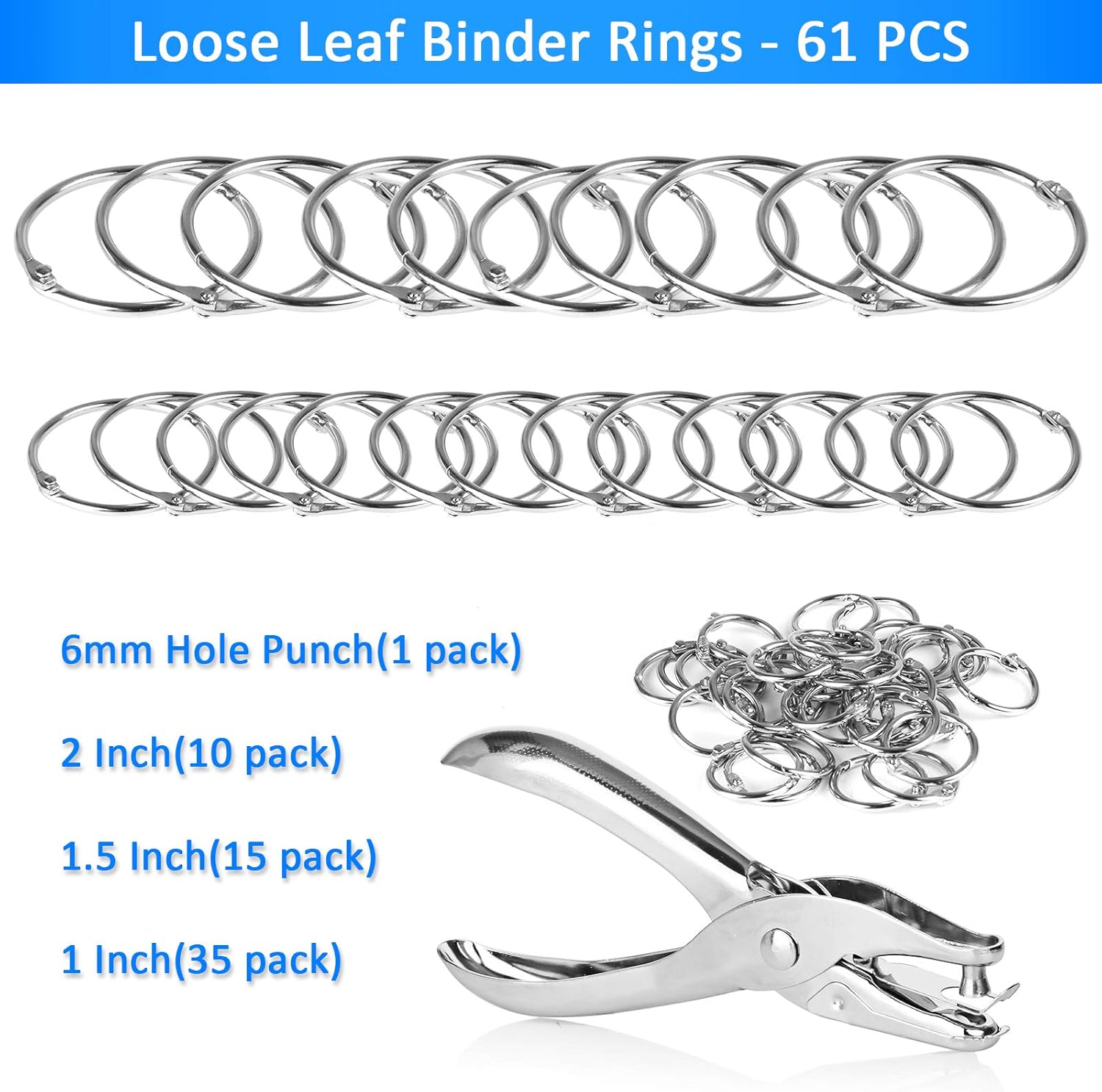 Loose Leaf Binder Ring, 1, 1.5, 2 Inch Binder Rings, 60 Pack, with 1 Hole Punch, for Flash Card Rings, Metal Rings for Index Cards, Book Rings, Index Card Rings, Clip Rings, School, Home, Office : Office Products