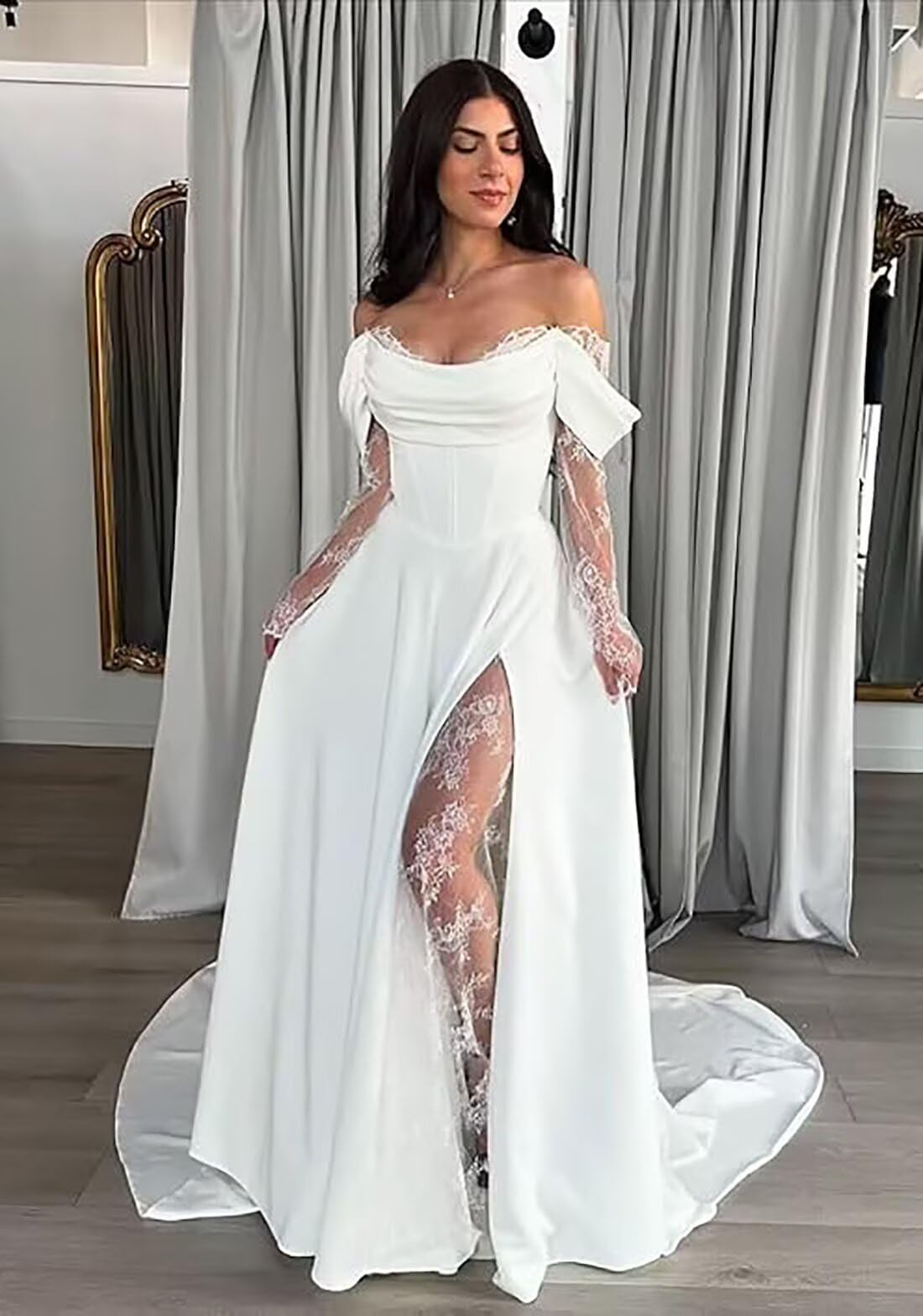 Damen Brautkleider mit Spitze Lang Boho Beach Brautkleid mit Schlitz Elegant A-Linie hochzeitskleid