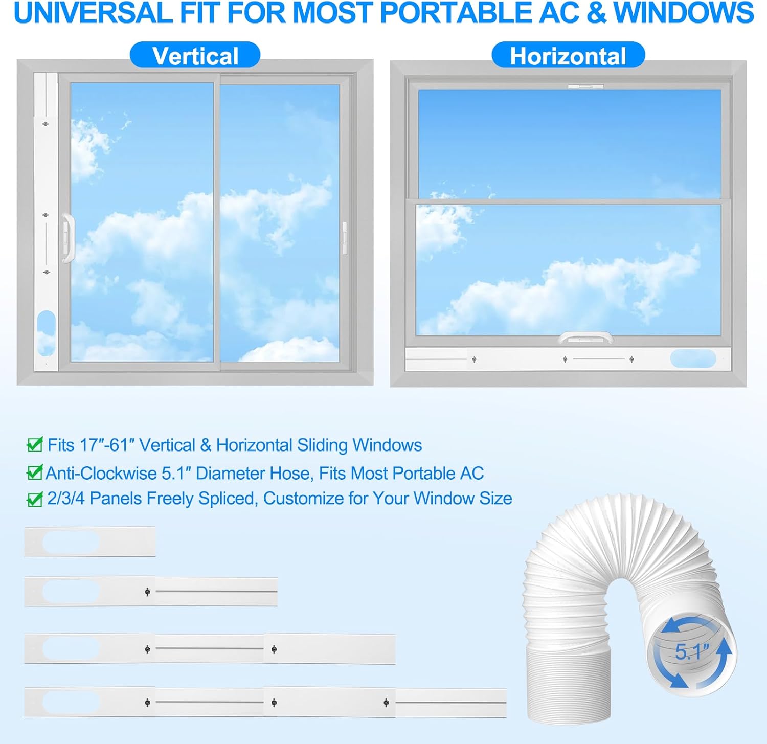 Universal Portable AC Window Kit, AC Window Vent Kit with 5.1"x78.7" Anti-Clockwise Exhaust Hose for Horizontal & Vertical Sliding Windows (6.3"W Panel)