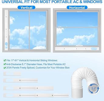 Universal Portable AC Window Kit, AC Window Vent Kit with 5.1x78.7 Anti-Clockwise Exhaust Hose for Horizontal & Vertical Sliding Windows (6.3W Panel)
