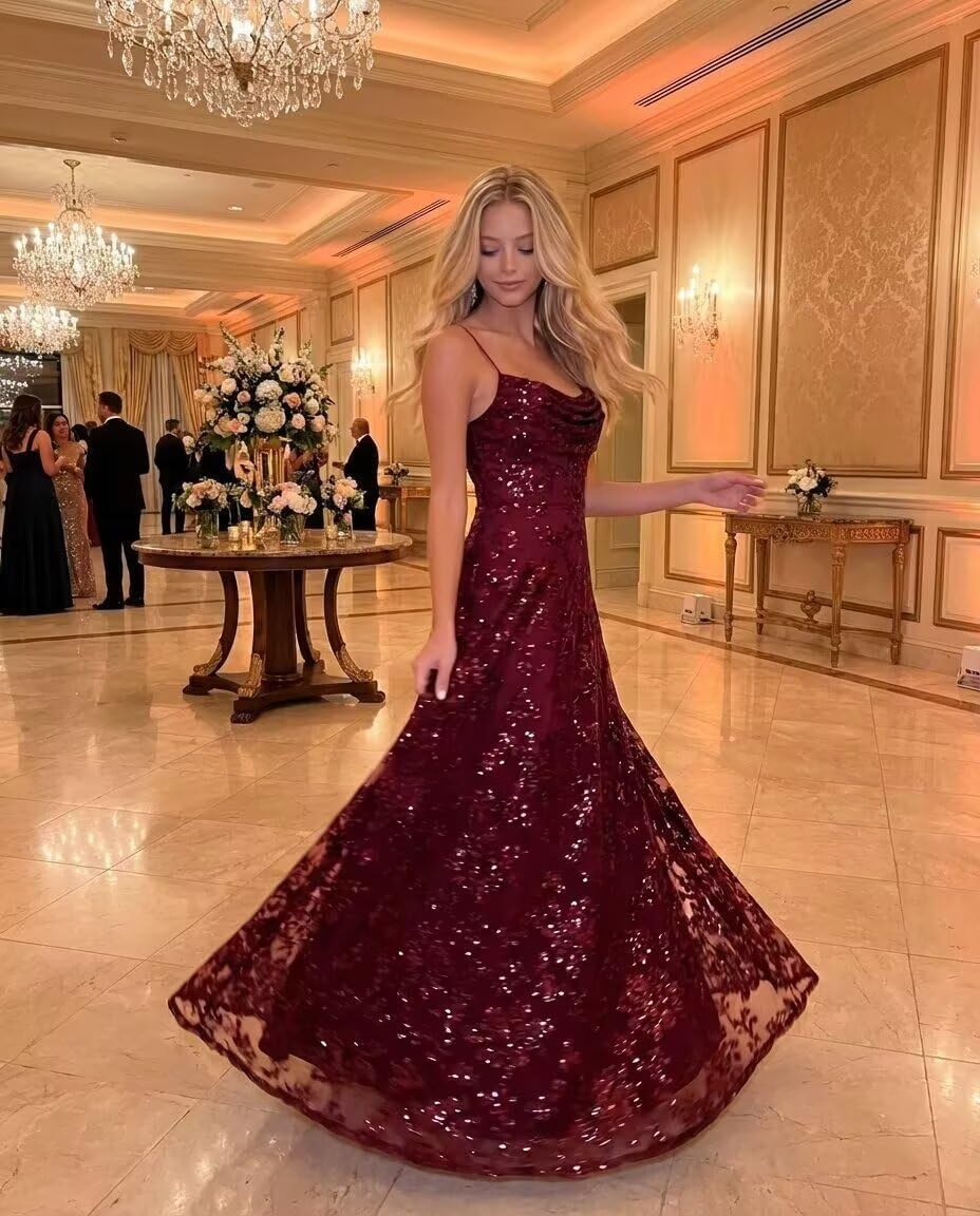 Fashionbride Lace Sequins Prom Dresses 2026 for Women Spaghetti Straps Formal Evening Dress Cowl Neck Pleated Ball Gown