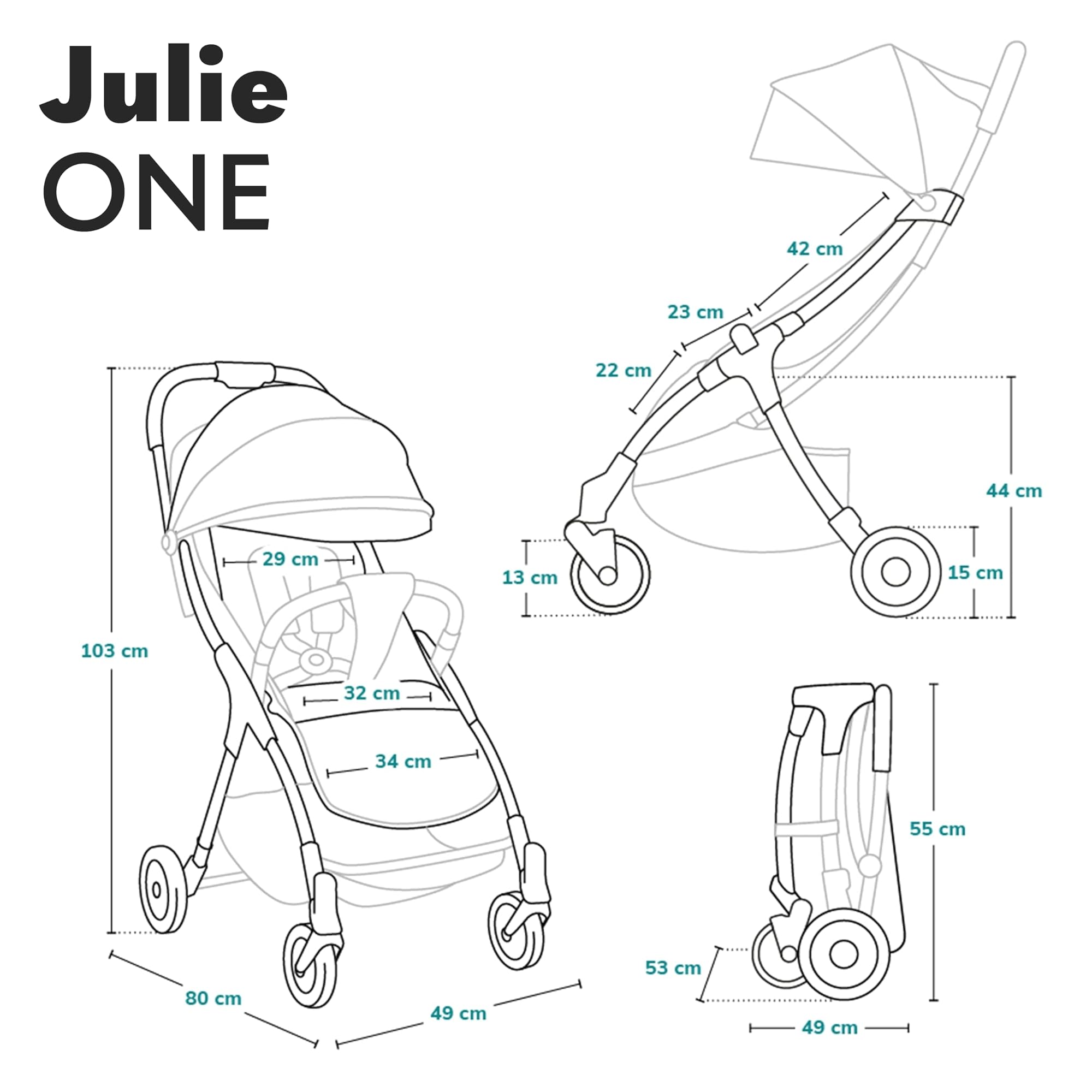 LIONELO Julie One Carrito 51 x 75 x 103 cm Para menores hasta 22kg 0-48M Regulación del respaldo Plegado sencillo Ruedas resistentes con amortizadores Cesta para compras