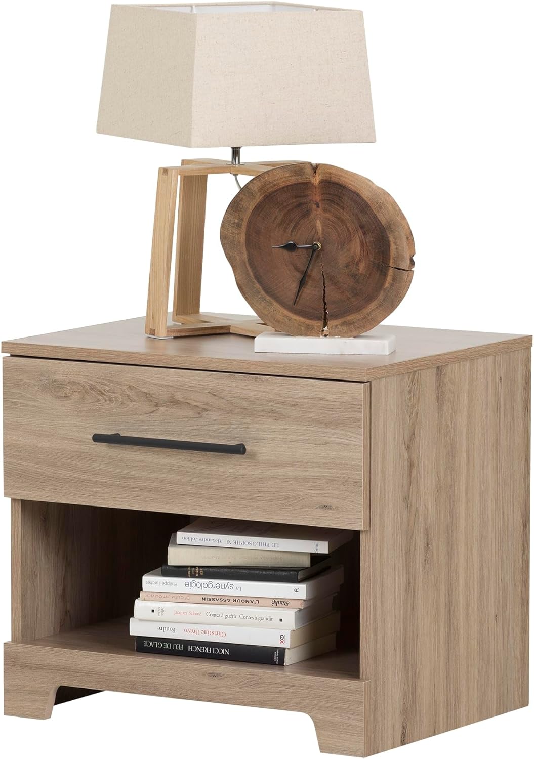 Rustic Oak 1-Drawer Nightstand with Metal Handle and Open Shelf