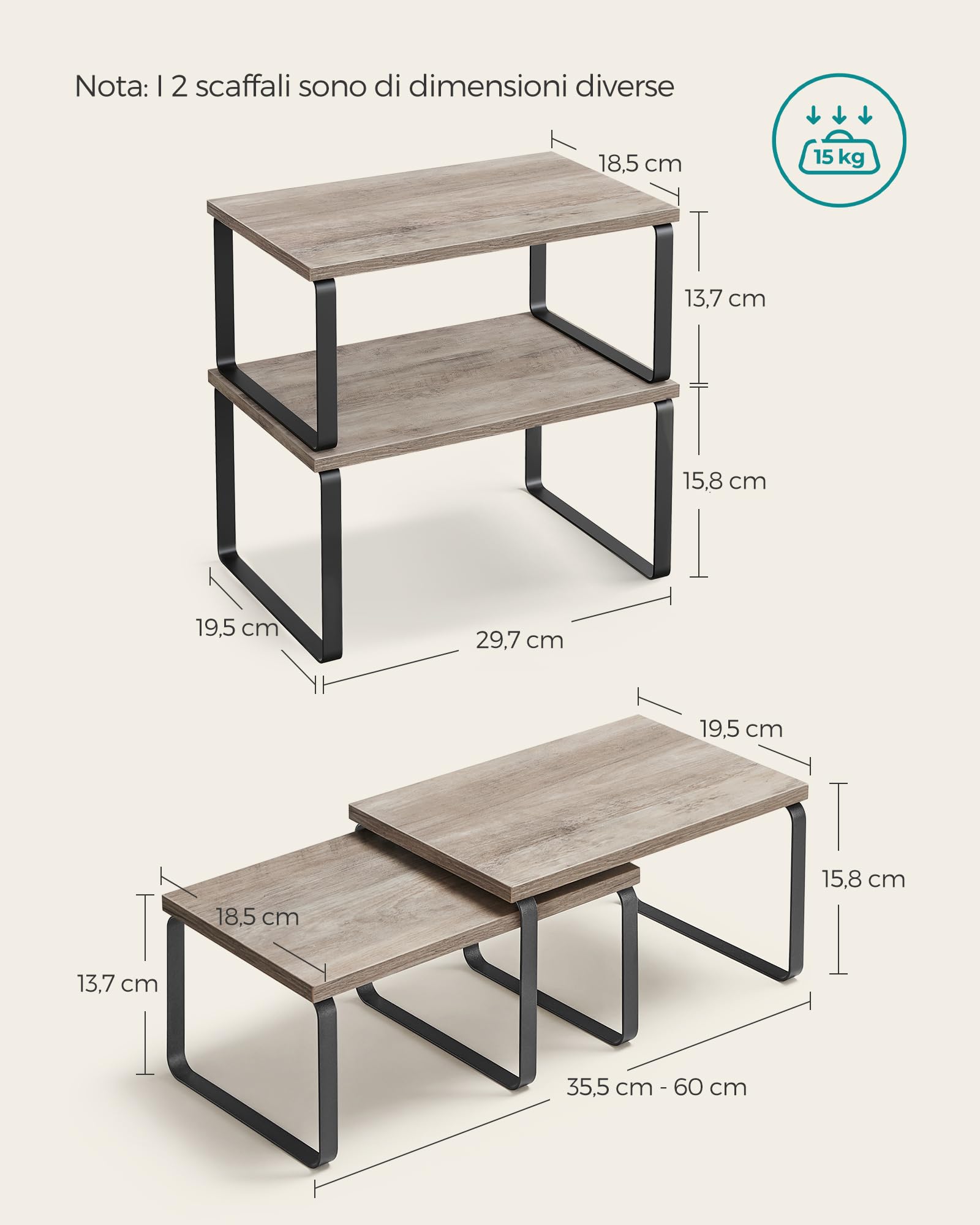 SONGMICS Scaffale Portaspezie, Set di 2 Organizzatori da Cucina Espandibili, Scaffale da Cucina Impilabile, Metallo e Legno Ingegnerizzato, Nero Inchiostro e Greige Erica KCS020X02