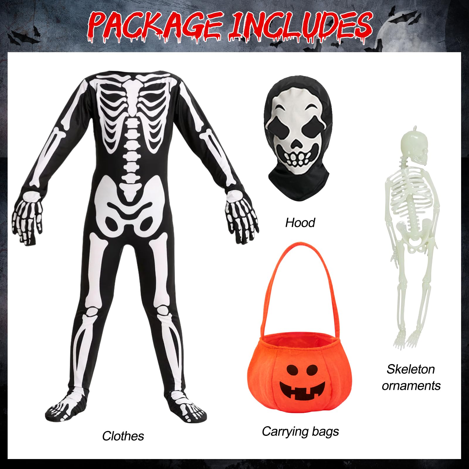 BITOWO Skeleton Costume Kids Boys Girls 3-4 Glow In The Dark with Light up Skull Figure Glove Mask Pumpkin Bag Scary Halloween Skeleton Costume Outfit Onesie Fancy Dress Kids Boys - Image 3