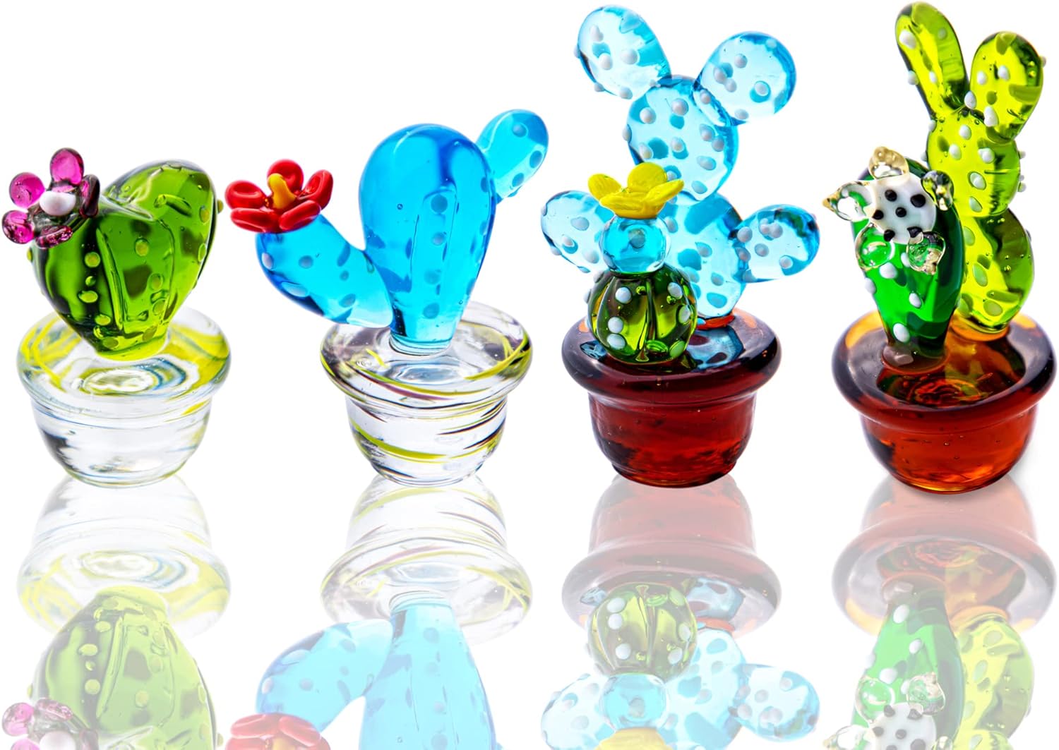 4pcs Mini Glass Blown Cute Cactus Art Blown Handmade Glass Figurines Collectibles Home Table Deco...