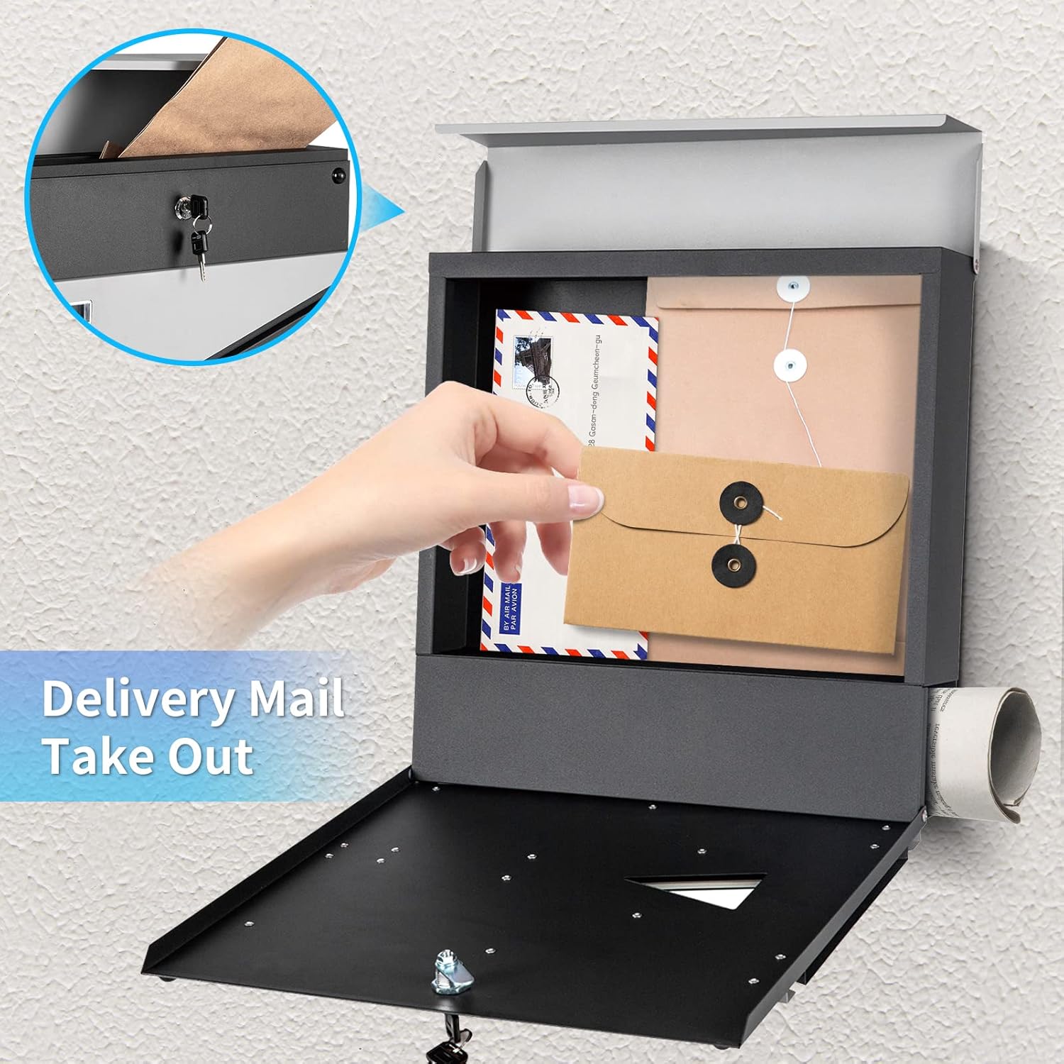 Locking Wall-Mount Mailbox, Large Capacity Rust Resistant Mail Box, Security Key Drop Mailboxes for Outside with Newspaper Holder, Gray and Black