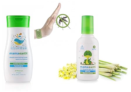 Mamaearth Deeply Nourishing wash for Babies (200 ml, 0-5 Yrs) & Anti Mosquito Fabric Roll On, 8ml Combo