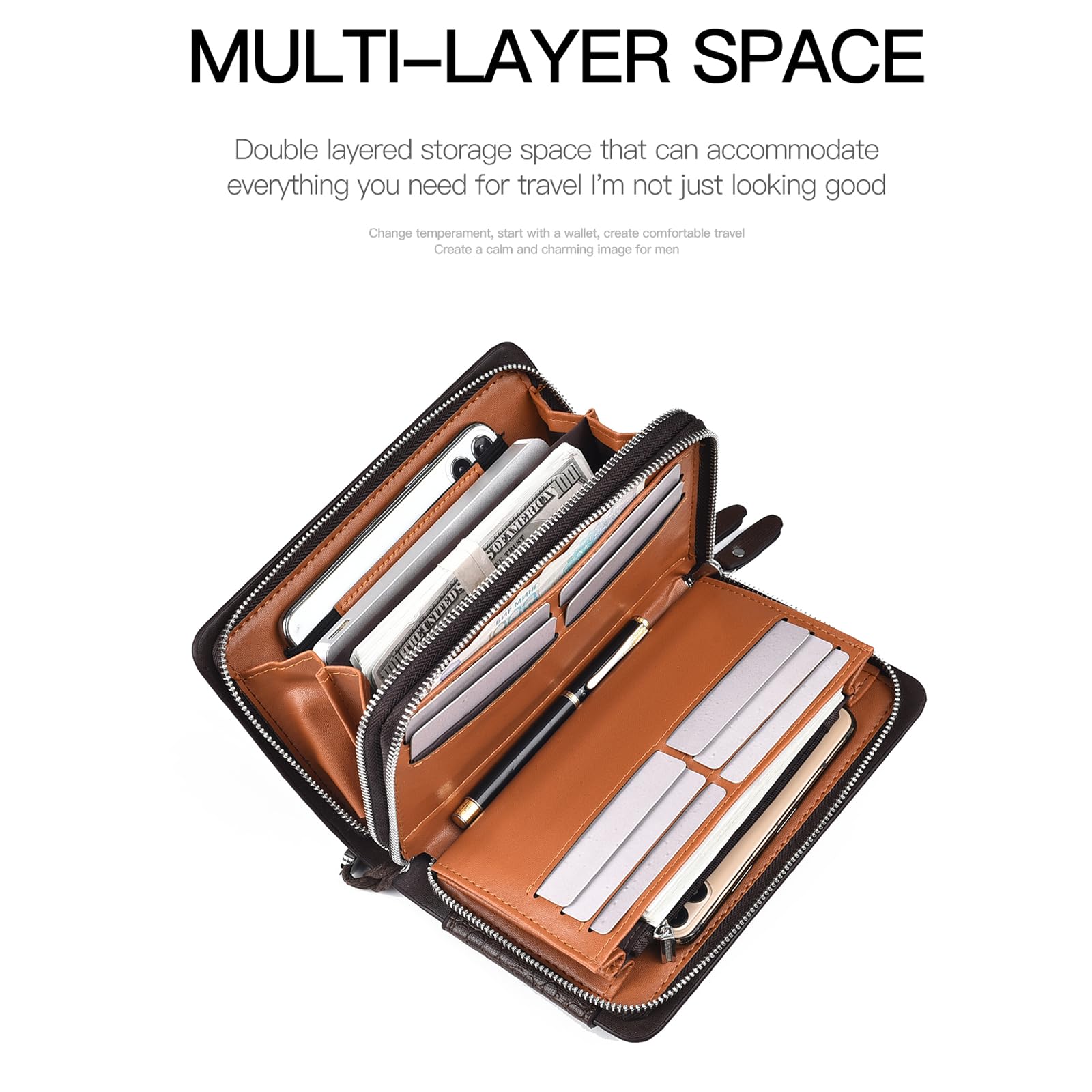 Pochette da uomo, grande, lunga, in pelle, portafoglio, per passaporto da viaggio, custodia per telefono cellulare, porta carte di credito, unisex