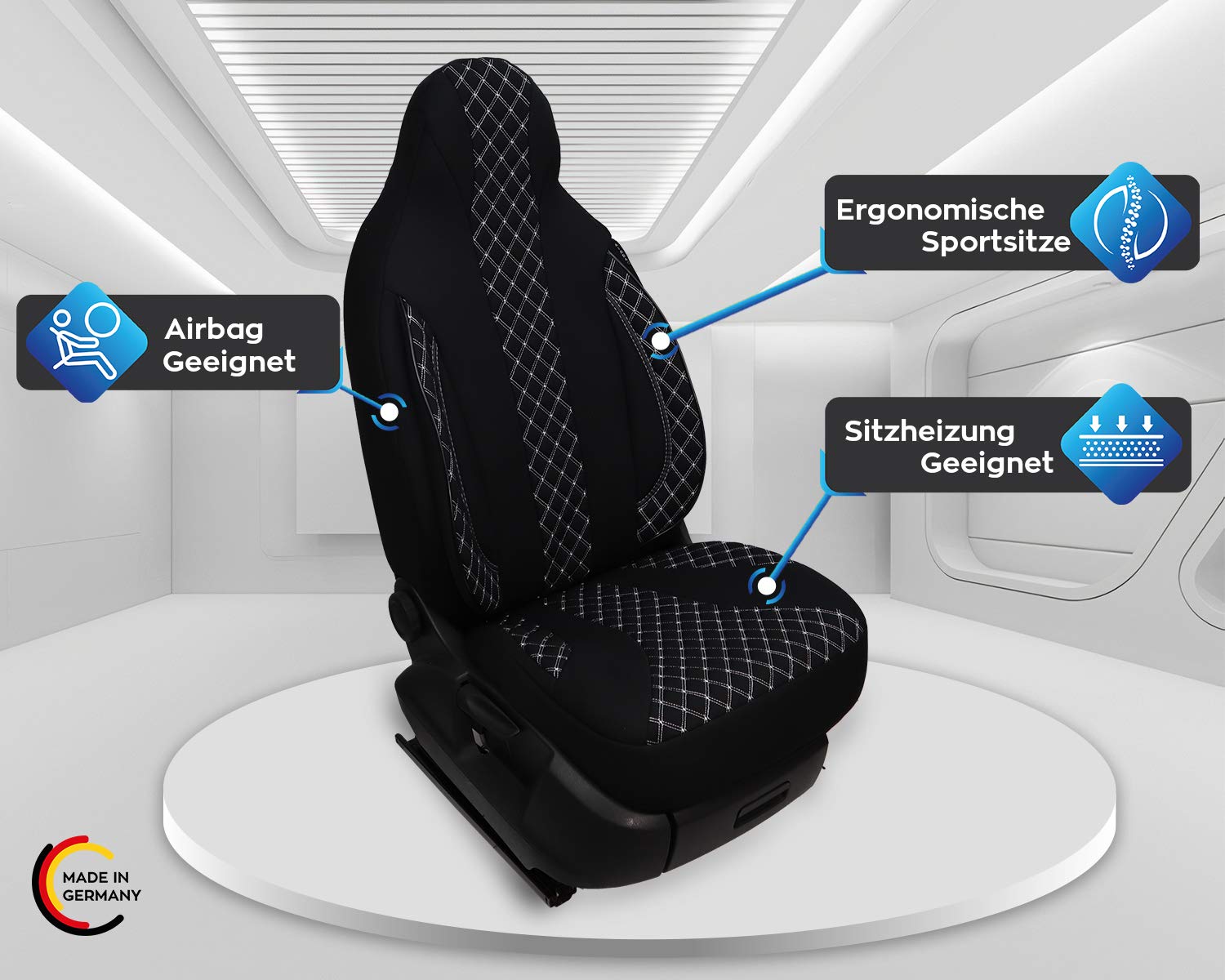 BREMER SITZBEZÜGE Coprisedili per auto compatibili con Iveco Iveco Daily 7 conducente e passeggero a partire dal 2020, set di coprisedili per auto, confezione da 2 pezzi, con cuciture bianche e nere