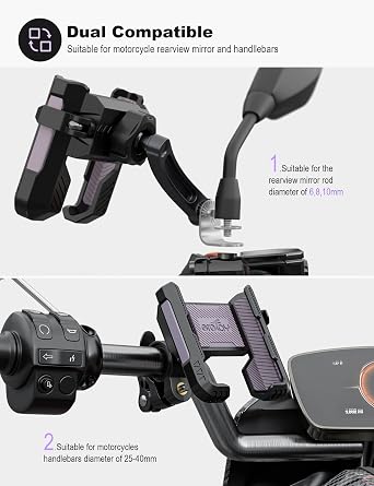 GREFAY Motorcycle Phone Holder Handlebar Mount Motorbike Phone Holder Rearview Mirror【2 Connection Methods+1S Quick Disassembly】 With 360 Rotate for 4.0-7.0 inch smartphone