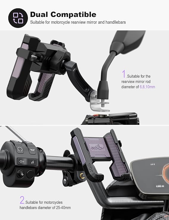 GREFAY Motorcycle Phone Holder Handlebar Mount Motorbike Phone Holder Rearview Mirror【2 Connection Methods+1S Quick Disassembly】 With ​360 Rotate for 4.0-7.0 inch smartphone