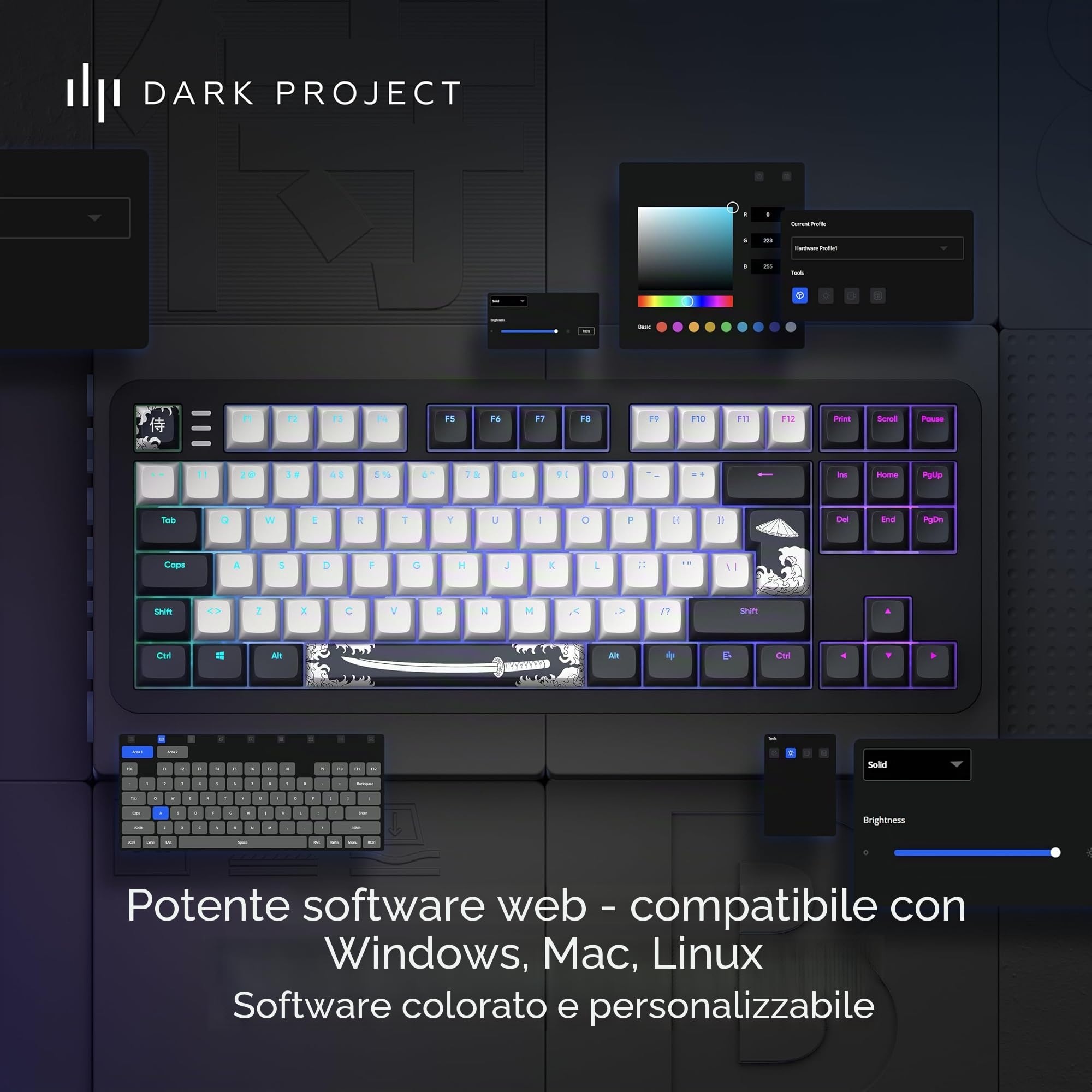 Dark Project ALU87B Bushido Tastiera meccanica da gioco | ISO Multi | Hot swap | G3MS Moonstone Interruttori unti | Stabilizzatori unti | Supporto di tenuta flessibile | Alluminio | TKL 80% | RGB