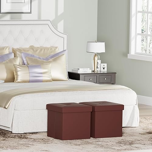 Miniatura 2 de VECELO Juego de 2 otomanas de almacenamiento, reposapiés, reposapiés, otomana plegable de 11.8 pulgadas, pequeño cubo cuadrado de almacenamiento