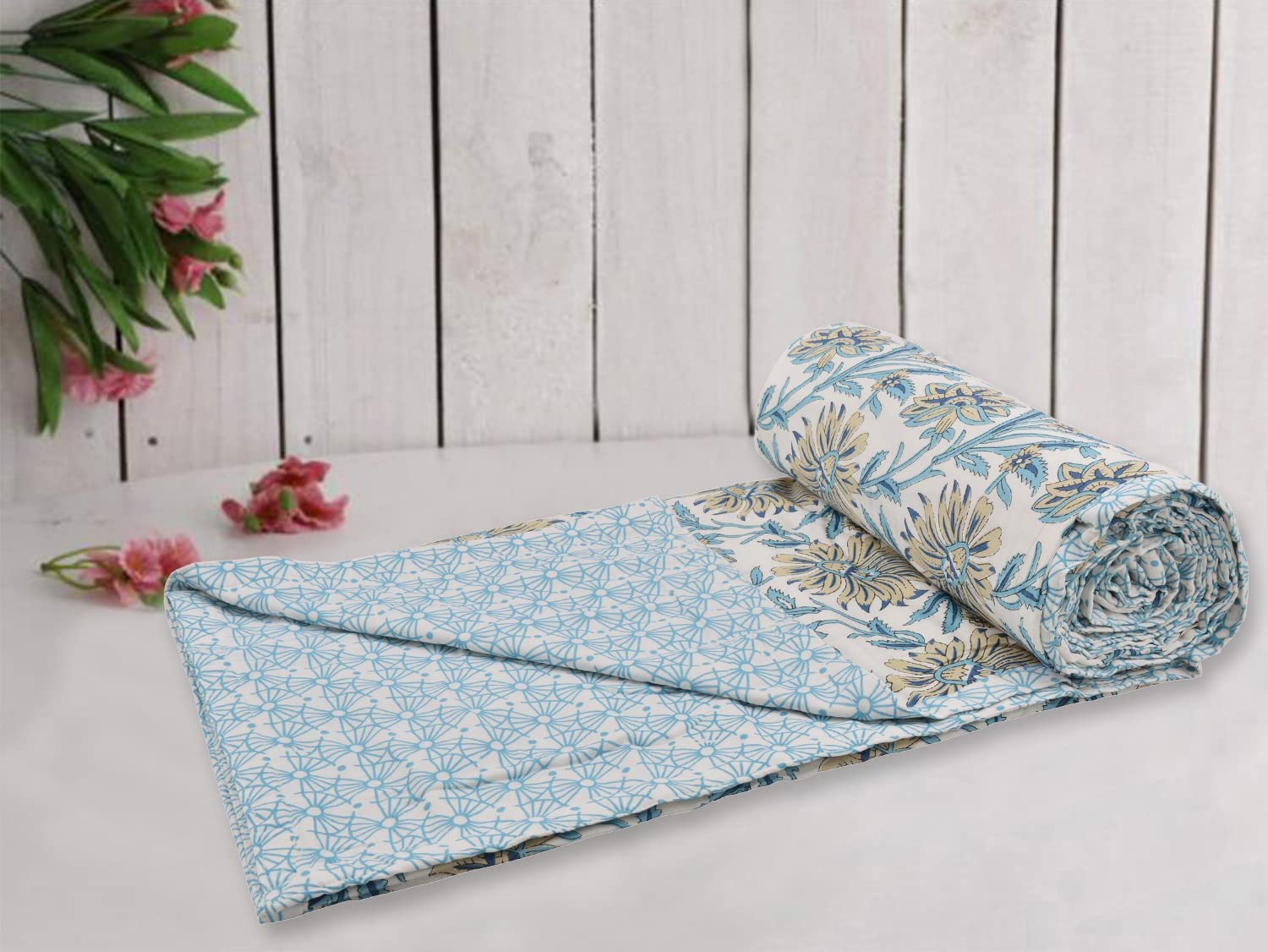 Trance Home Linen 150 GSM 100% Cotton Reversible Dohar Single Bed Size | Jaipuri Printed Artisan Block Design Blanket | Soft Lightweight Ac Comforter Quilt (56"X88", Flora Blue)