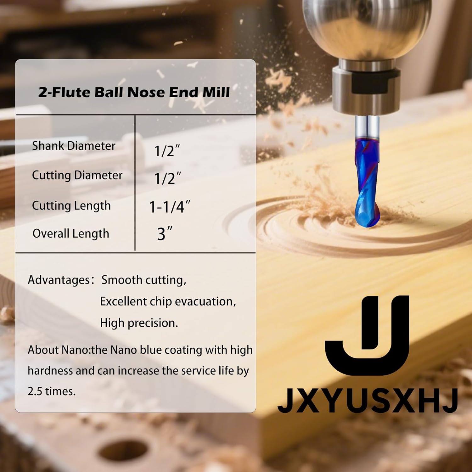 CNC Router Bits 1/2 inch Shank Carbide Ball Nose End Mill with Nano Blue Coating for Side Milling End Milling, Finish Machining (1, 1/2" S*1/2" D*1-1/4"CL*3" OVL)