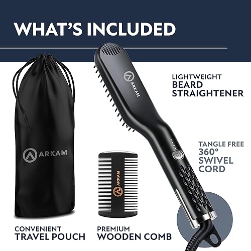 Miniatura 15 de Arkam Alisador de barba para hombre, kit de cepillo de barba con calefacción de alta calidad con función antiquemaduras, peine de pelo de doble