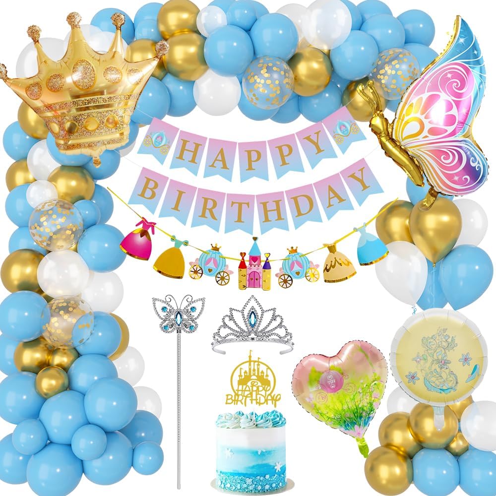 Birthday Decoration for Girls, Princess Party Decorations, Happy Birthday Banner Confetti Rose Heart Foil Balloons, Princess Balloon Decor with Crown, Fairy Wand, Cake Topper for Kids Party