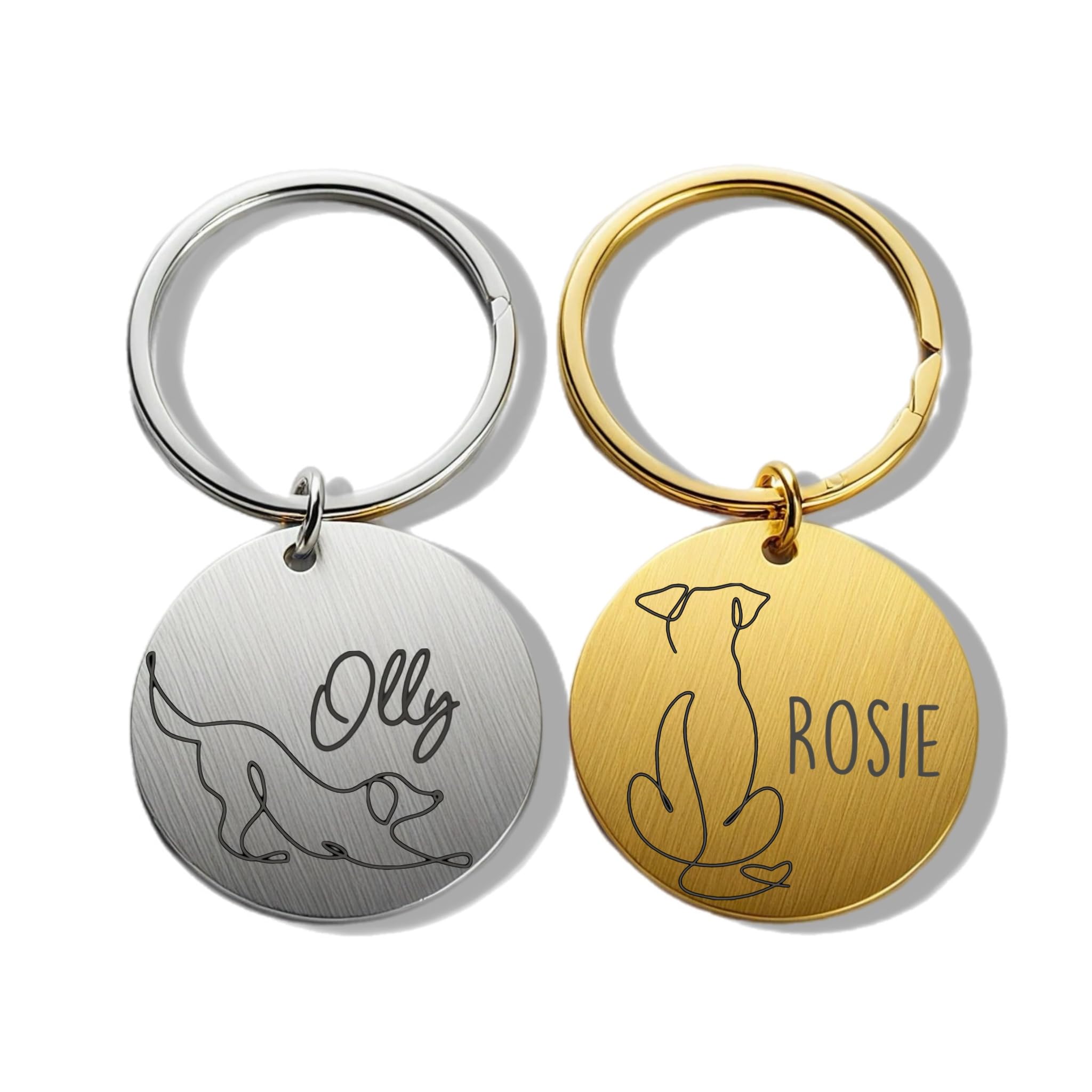 Dog Art Line ID Tag, Custom Artistic Dog Tag, Personalised Round Tag, Custom Dog Keyring, Engraved Dog Collar Keyring, Dog Lover's Gift