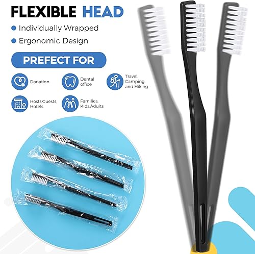 Miniatura 4 de CHENGU Paquete de 200 cepillos de dientes desechables envueltos individualmente, cepillo de dientes de viaje de un solo uso, cepillo de dientes