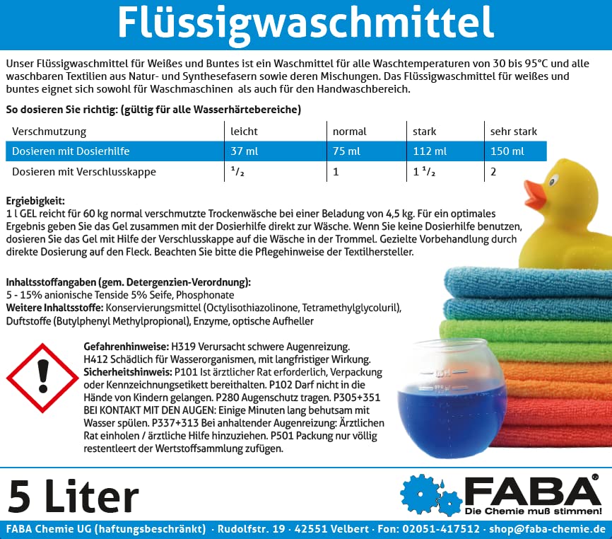 FABA Flüssigwaschmittel Konzentrat 4 x 5 L, blau, Universal Color frisch angenehm, gratis Ausgießer