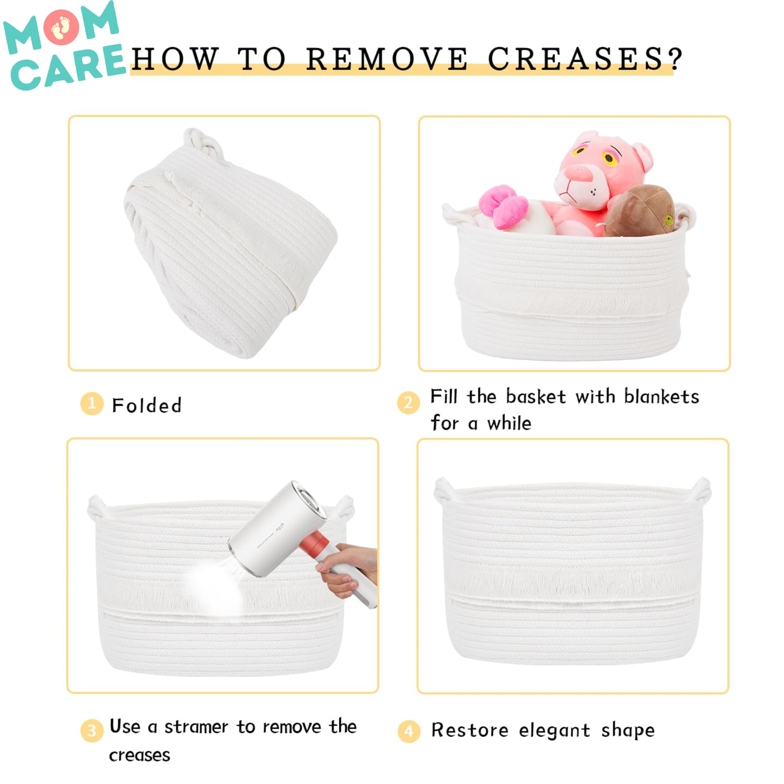 MOM CARE Cotton Rope Basket,Baby Essentials, Toy, Storage Organizers With Handle Durable and Sturdy Bin White - Image 2 thumbnail