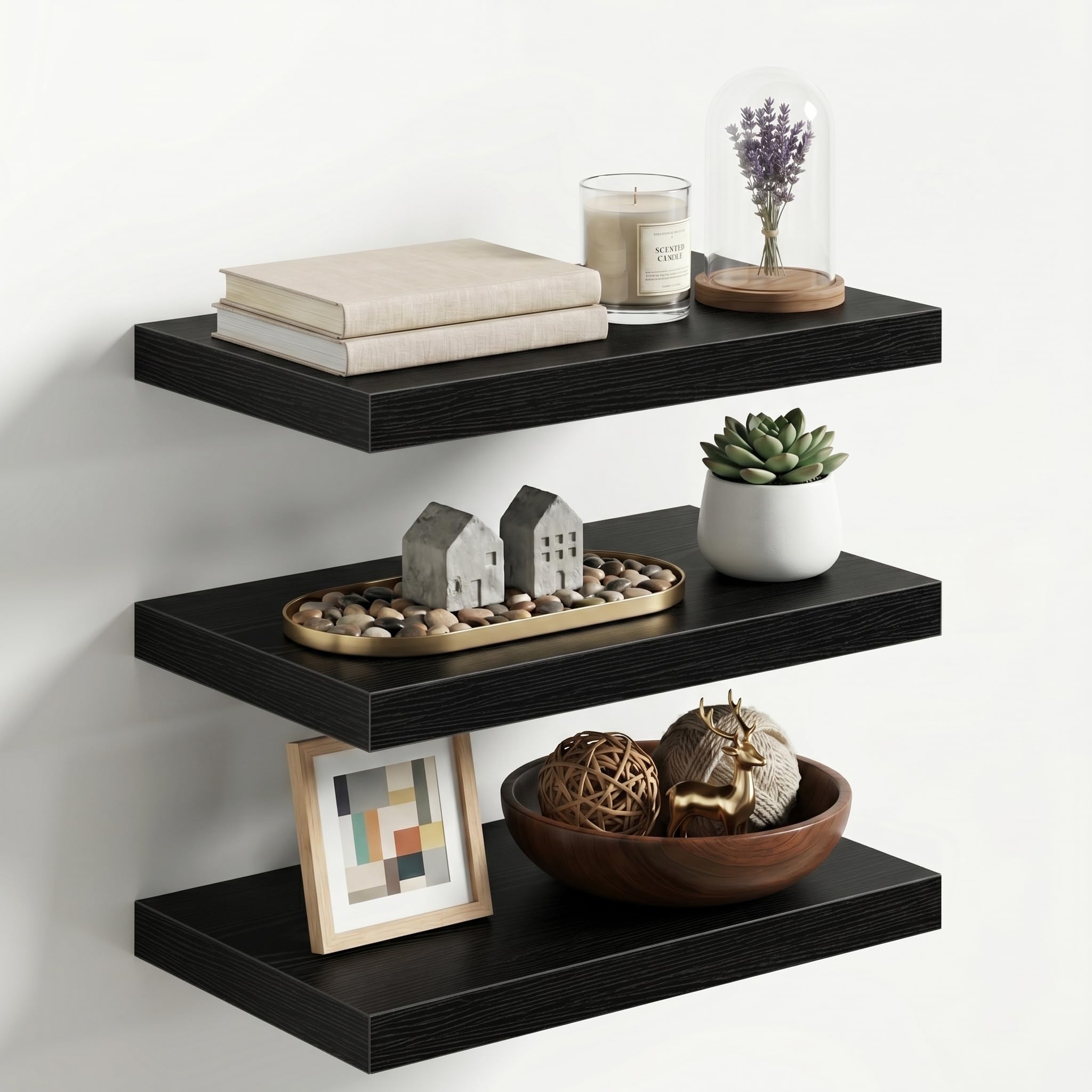 Fun Memories 20 x 12 Inch Deep Floating Shelves, 12 Inch Deep Rustic Wooden Wall Shelves, Extra Deep &amp; Heavy Duty Hanging Shelves for Living Room,Bedroom, Bathroom, Set of 3 (Black)